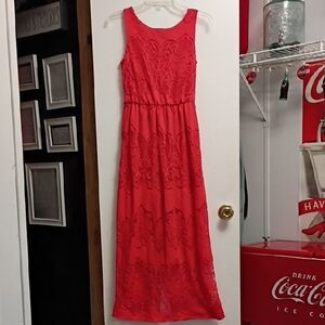 Orangeish Red Sleeveless Lace Maxi Dress -  Women